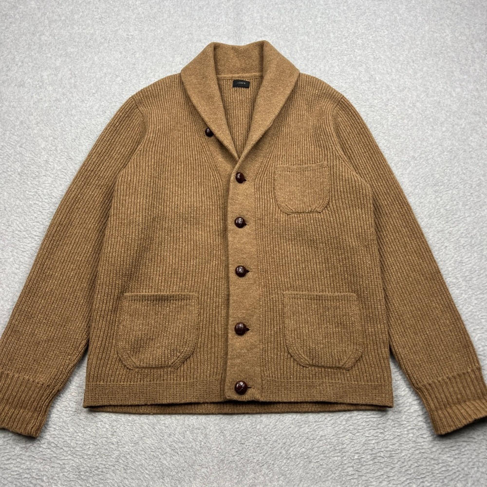 J Crew 100% Lambs Wool Cardigan Mens Small* Brown Shawl Collar Ribbed Sweater